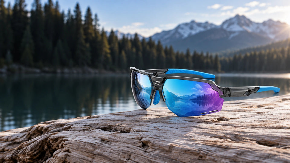 Ice blue sport sunglasses beside a mountain lake