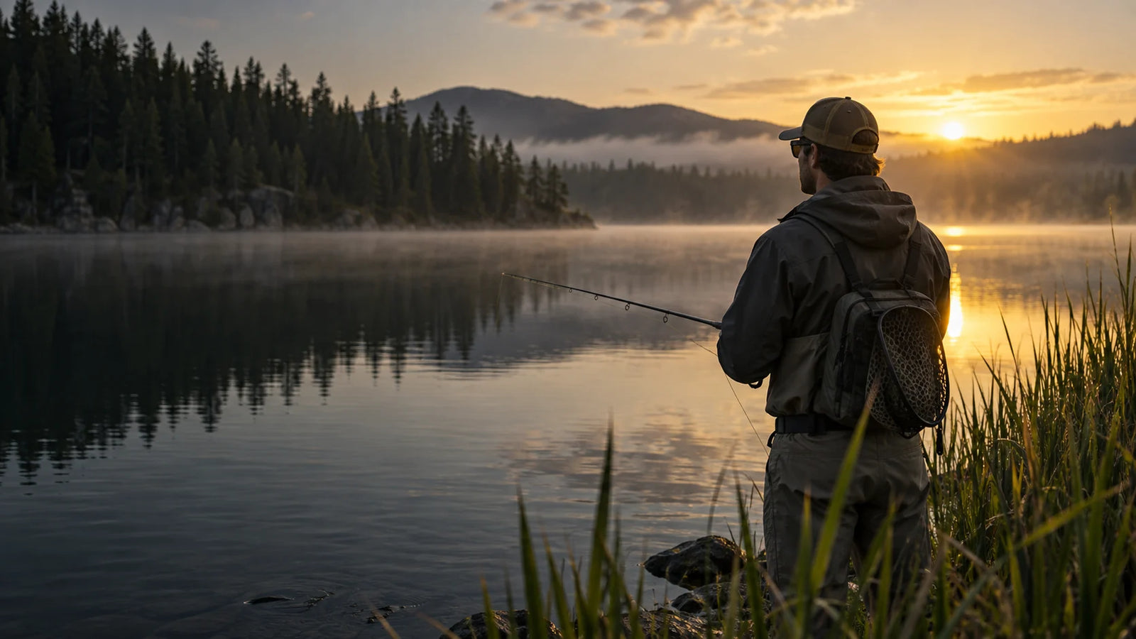 Angler wearing sunglasses beside the water at sunrise