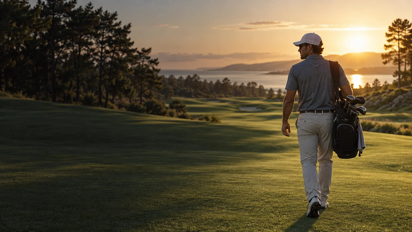 Golfer walking across a course at sunset