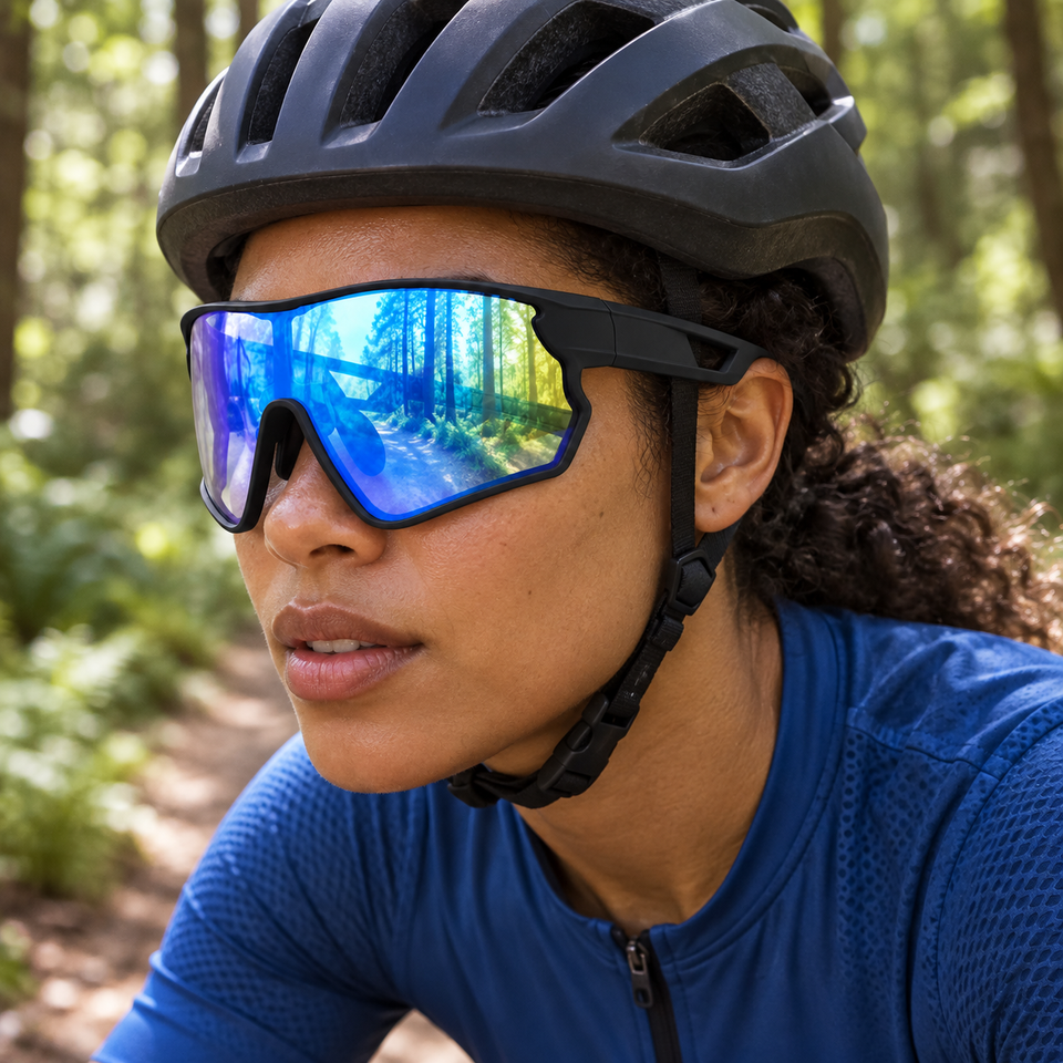 Cyclist wearing shield-style sunglasses