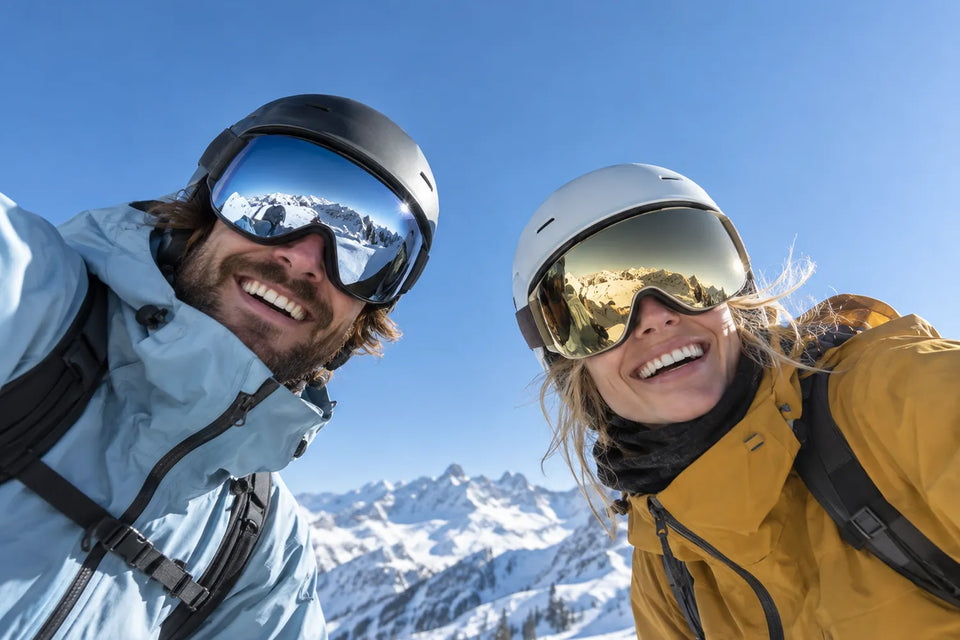 Two riders wearing snow goggles in the mountains
