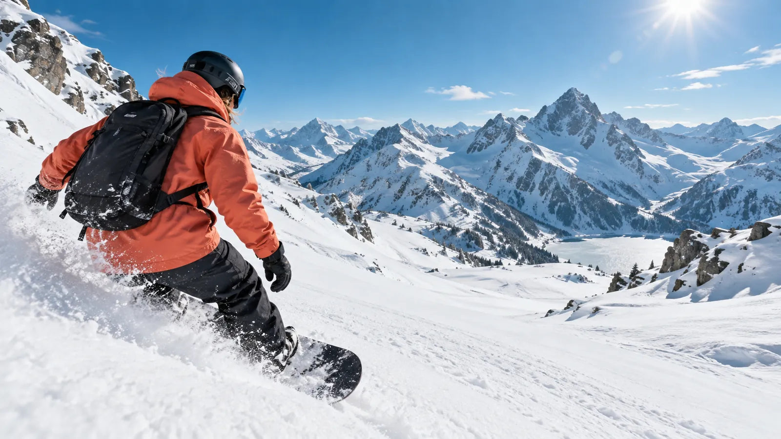 Snowboarder looking across a snowy mountain slope